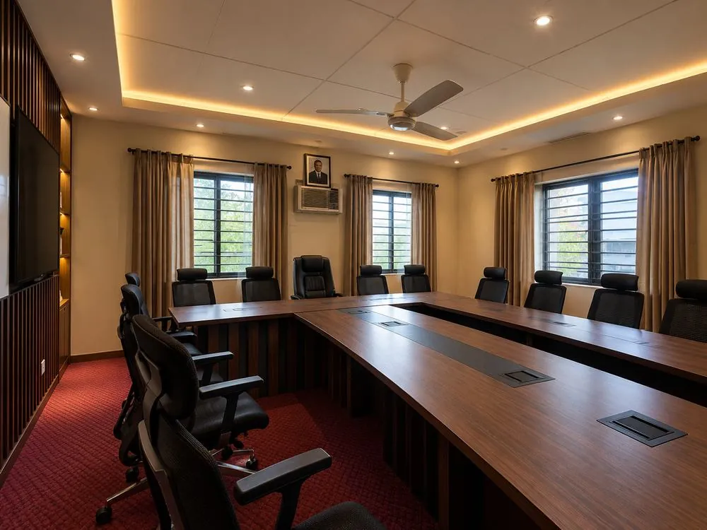 The same meeting room after: new conference table, black mesh chairs, wall panelling with a TV, new curtains and ceiling lighting